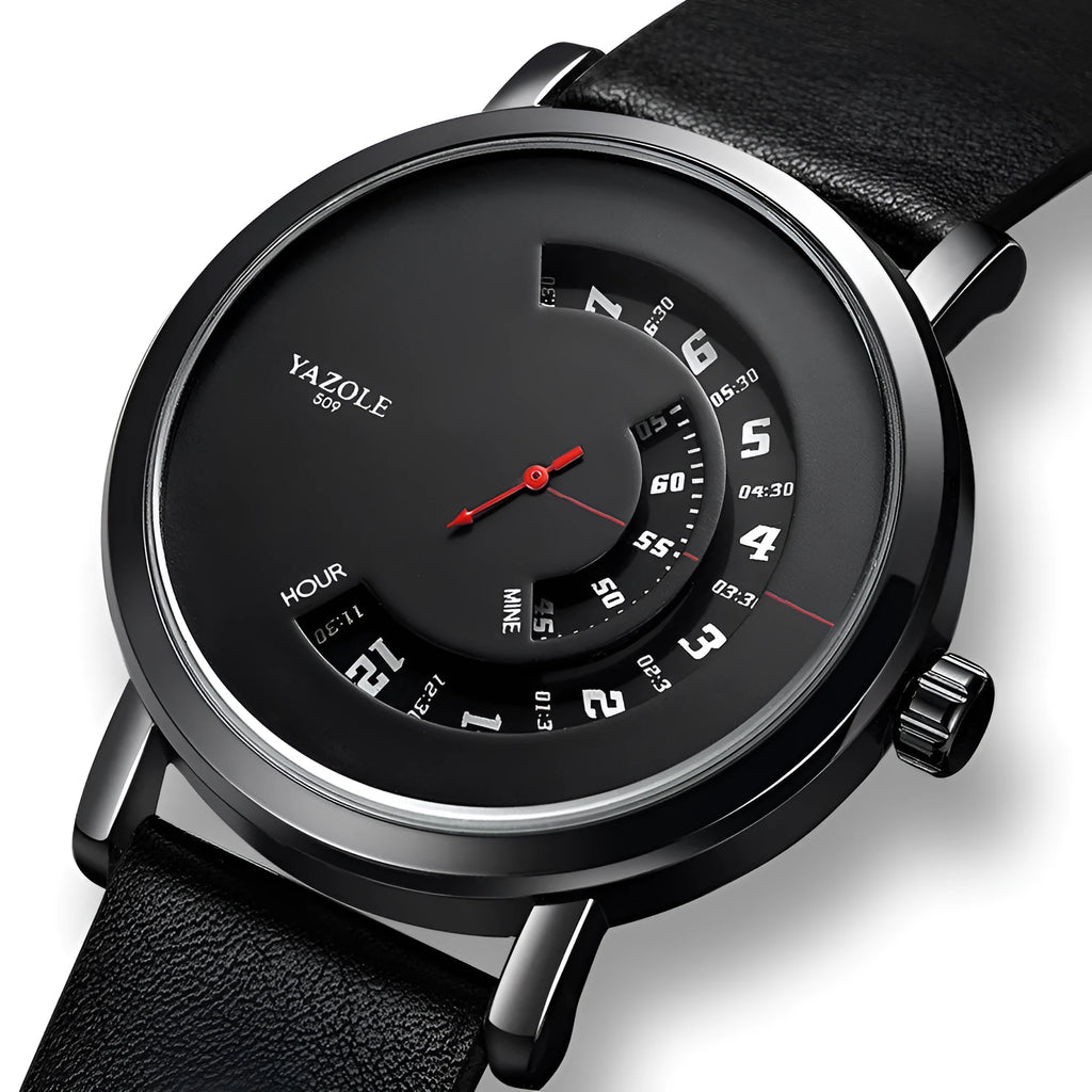 Men's waterproof quartz watch with turntable design showing metal case and clear dial