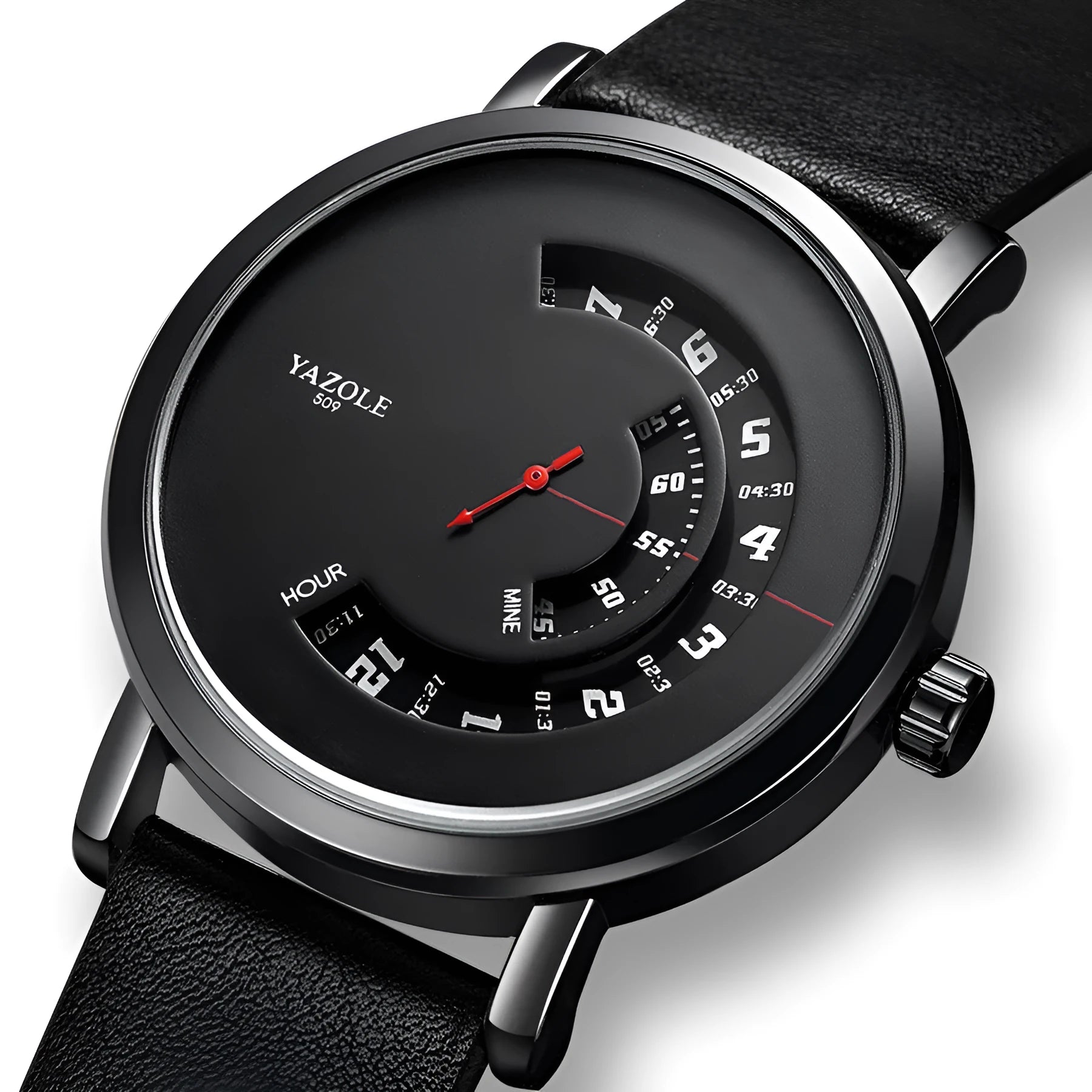 Men's waterproof quartz watch with turntable design showing metal case and clear dial