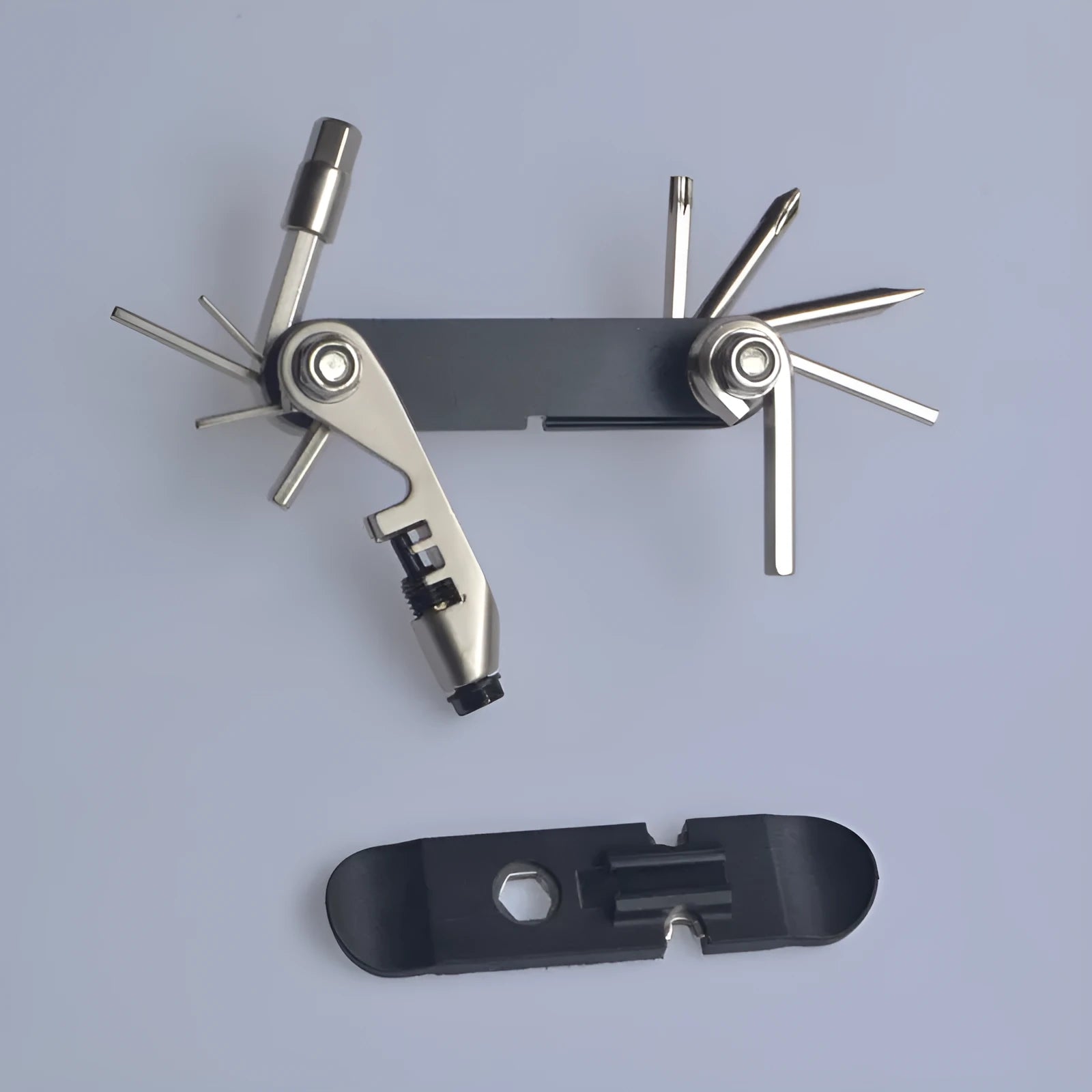 Chrome vanadium steel bicycle repair combination tool in black, red, yellow, and blue colour options.