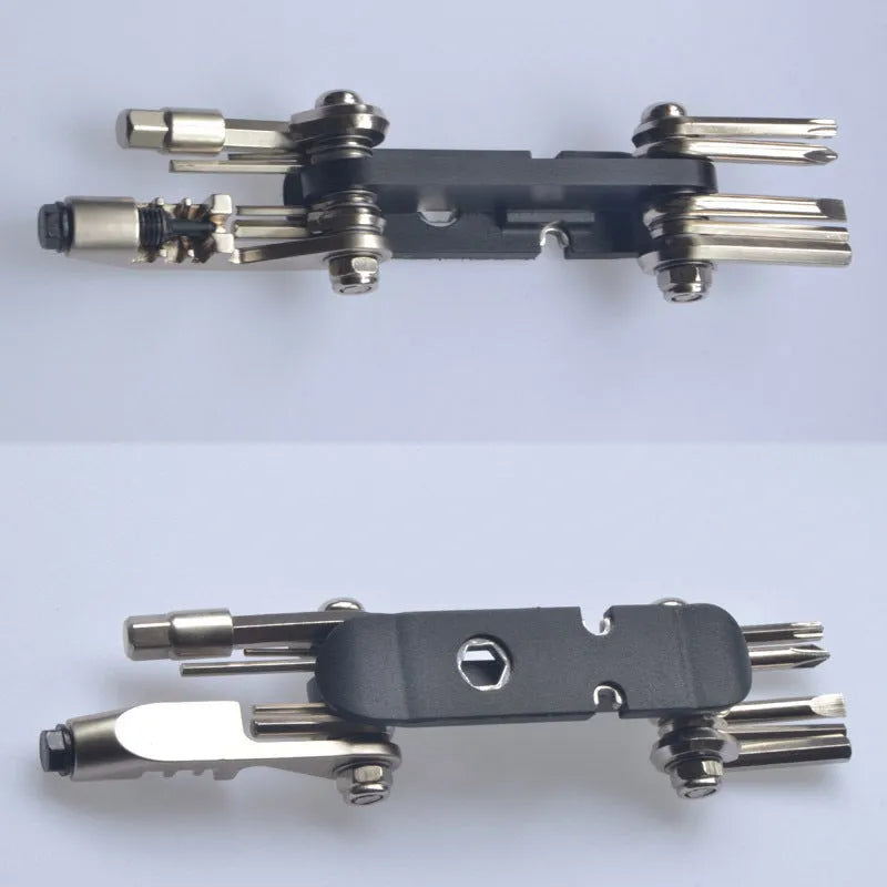 Chrome vanadium steel bicycle repair combination tool in black, red, yellow, and blue colour options.