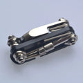 Chrome vanadium steel bicycle repair combination tool in black, red, yellow, and blue colour options.
