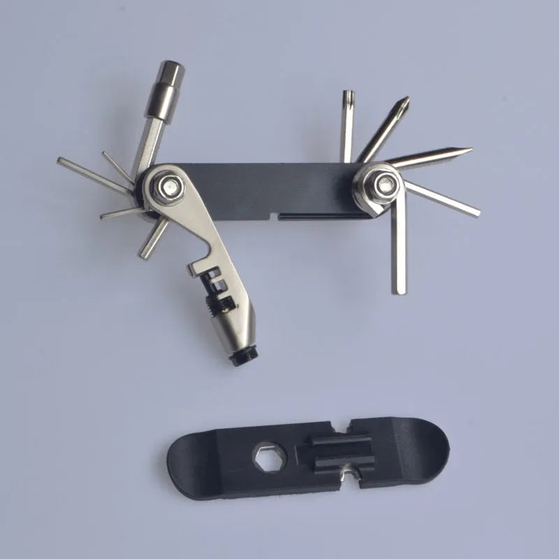 Chrome vanadium steel bicycle repair combination tool in black, red, yellow, and blue colour options.