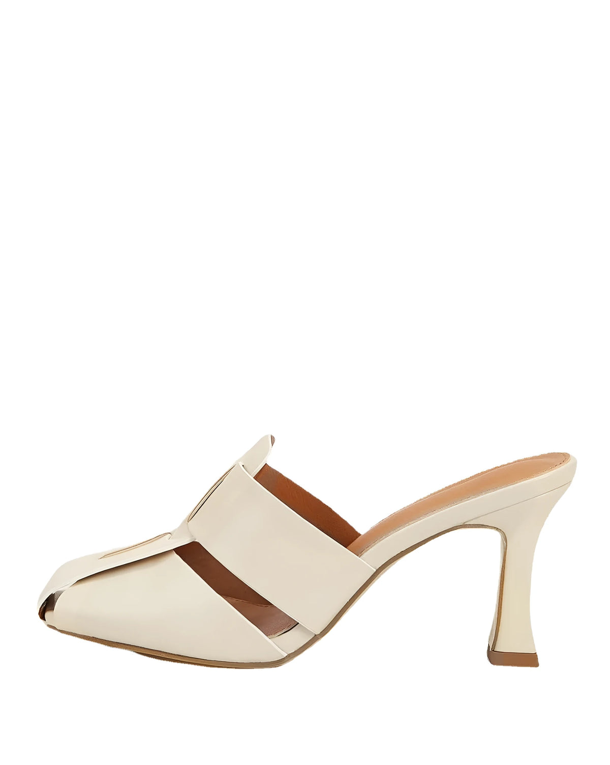 Women's woven snake pattern mid heel sandals and slippers in beige, side view showing thick heel and artificial PU upper