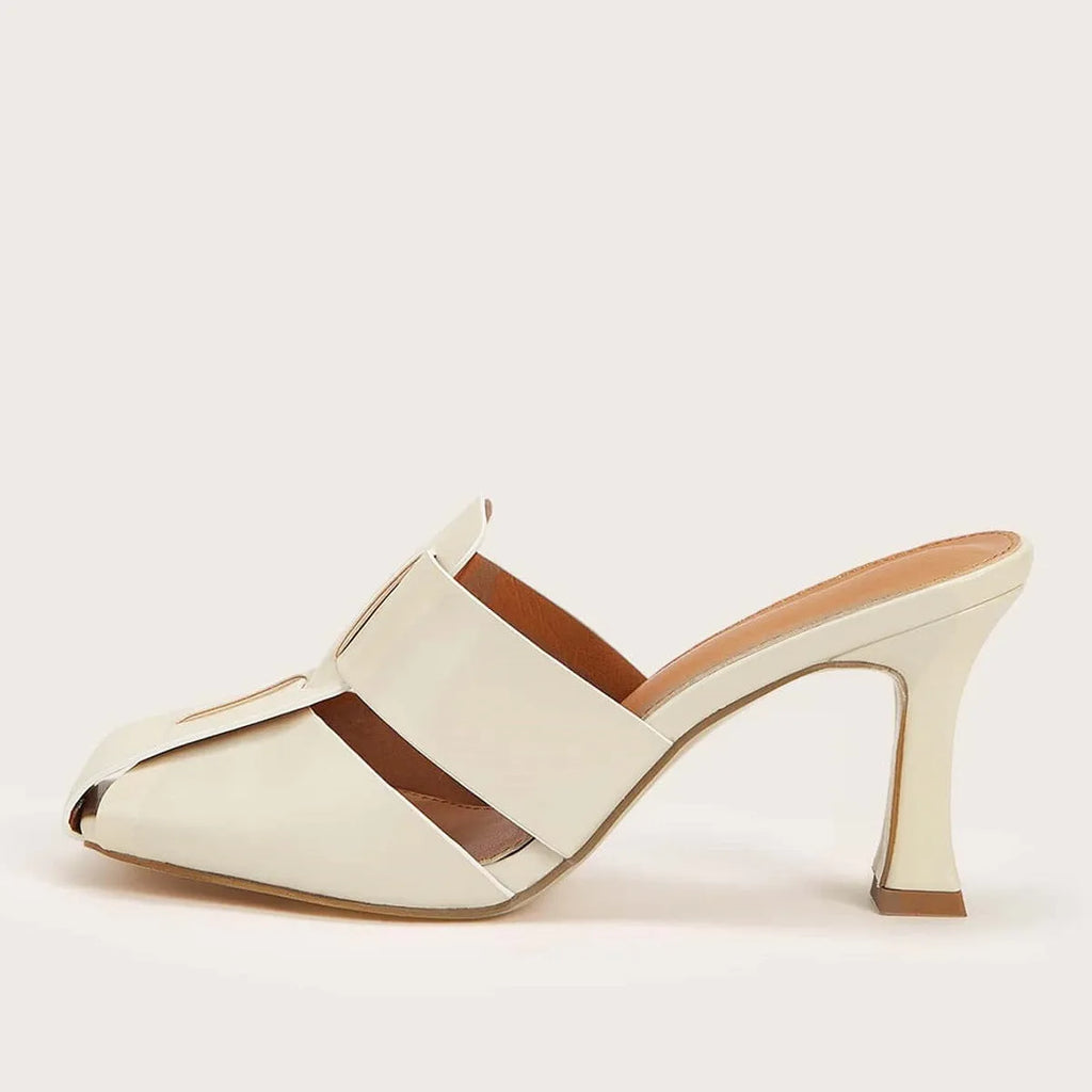 Women's woven snake pattern mid heel sandals and slippers in beige, side view showing thick heel and artificial PU upper