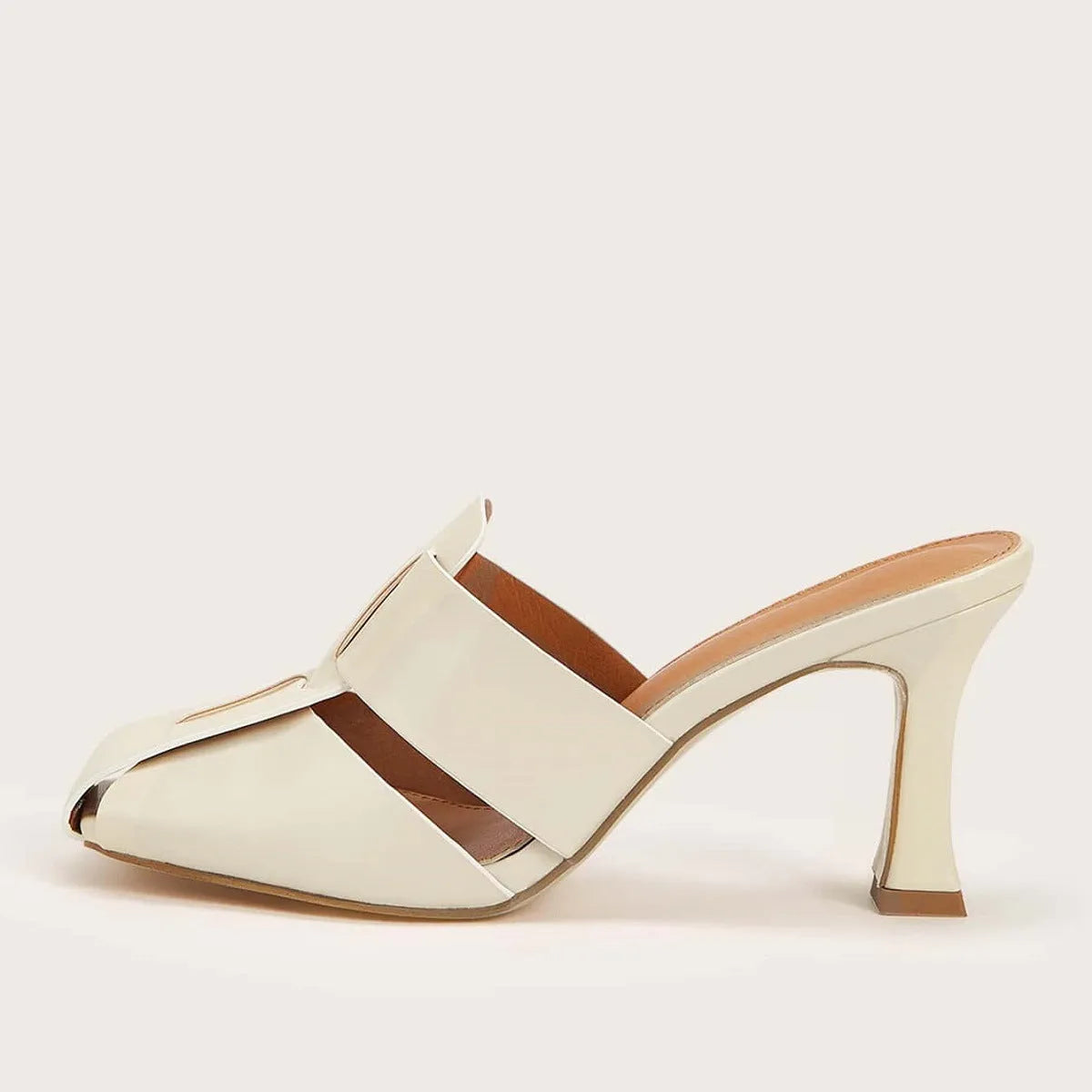 Women's woven snake pattern mid heel sandals and slippers in beige, side view showing thick heel and artificial PU upper