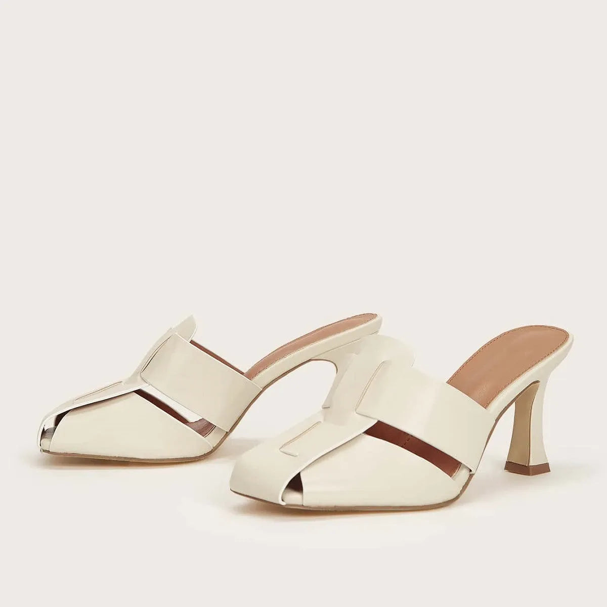 Women's woven snake pattern mid heel sandals and slippers in beige, side view showing thick heel and artificial PU upper