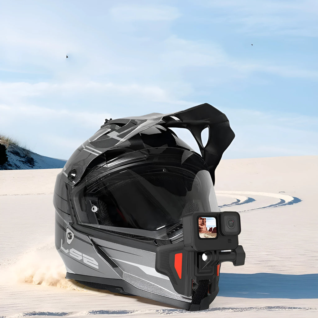 Black motorcycle helmet chin strap mount for universal sports cameras with silicone grip