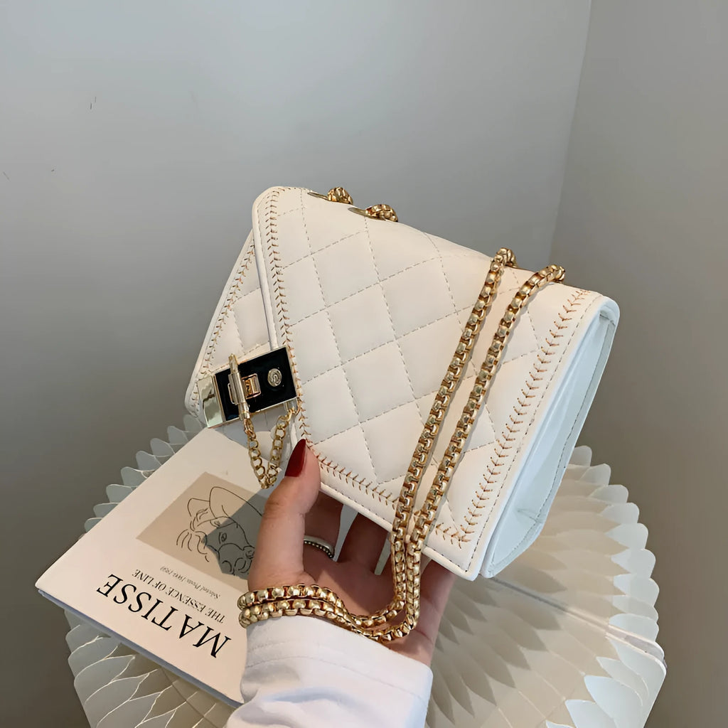 Lingge chain messenger fashion small square bag in black with rhombus pattern, lock closure, and chain handle