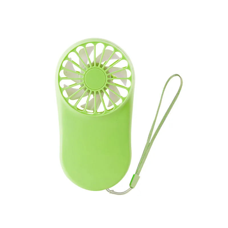 Hands-free wearable neck fan with dual blue cooling blades and USB charging cable.