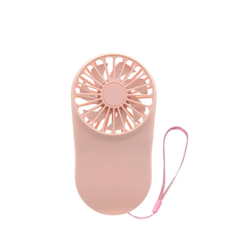 Hands-free wearable neck fan with dual blue cooling blades and USB charging cable.