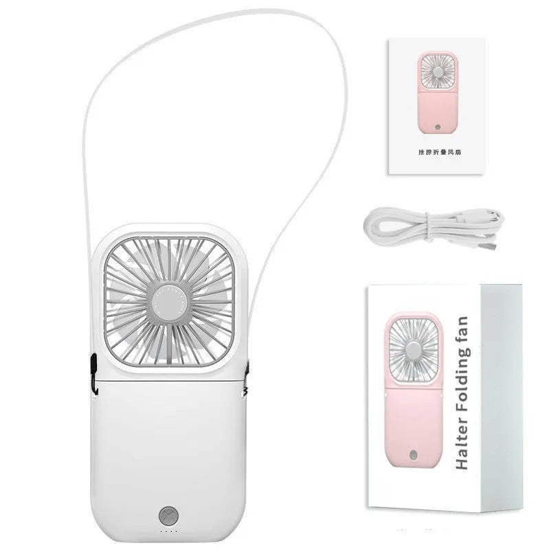 Hands-free wearable neck fan with dual blue cooling blades and USB charging cable.