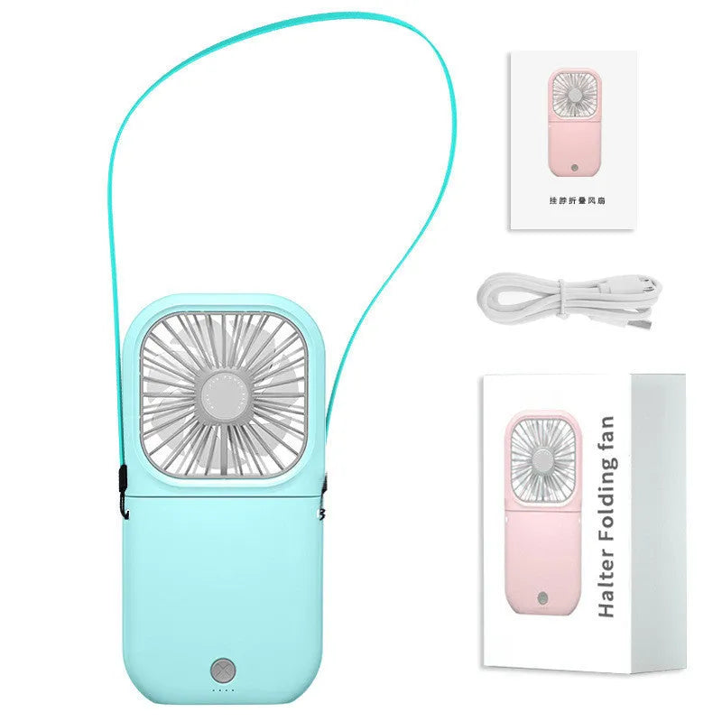 Hands-free wearable neck fan with dual blue cooling blades and USB charging cable.