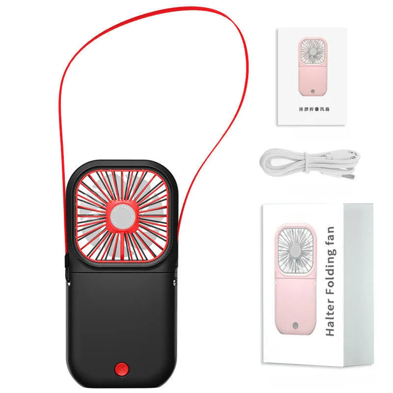 Hands-free wearable neck fan with dual blue cooling blades and USB charging cable.