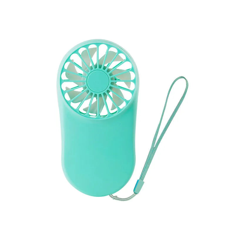 Hands-free wearable neck fan with dual blue cooling blades and USB charging cable.