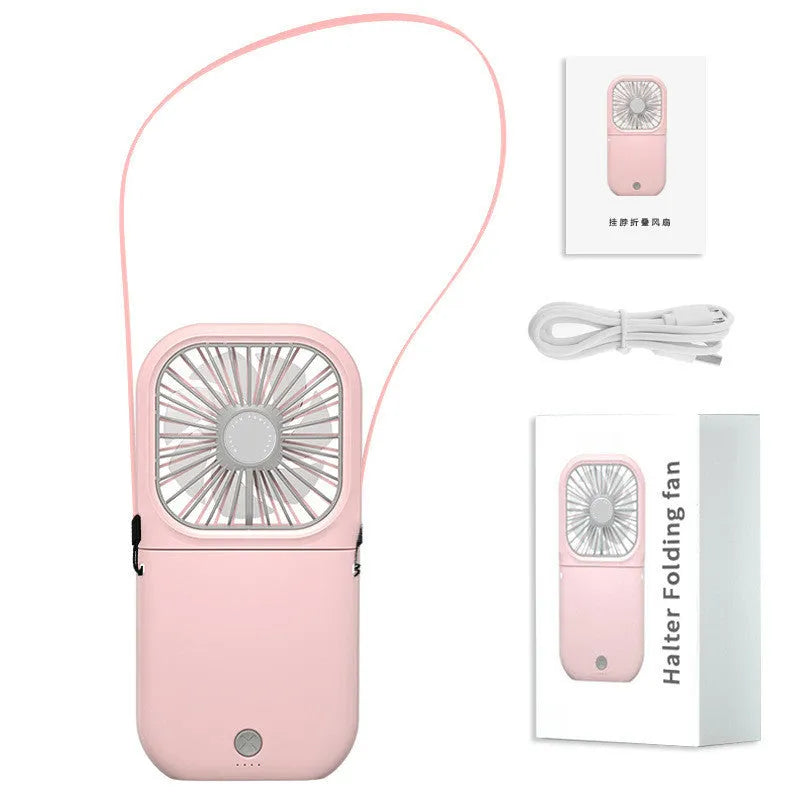 Hands-free wearable neck fan with dual blue cooling blades and USB charging cable.