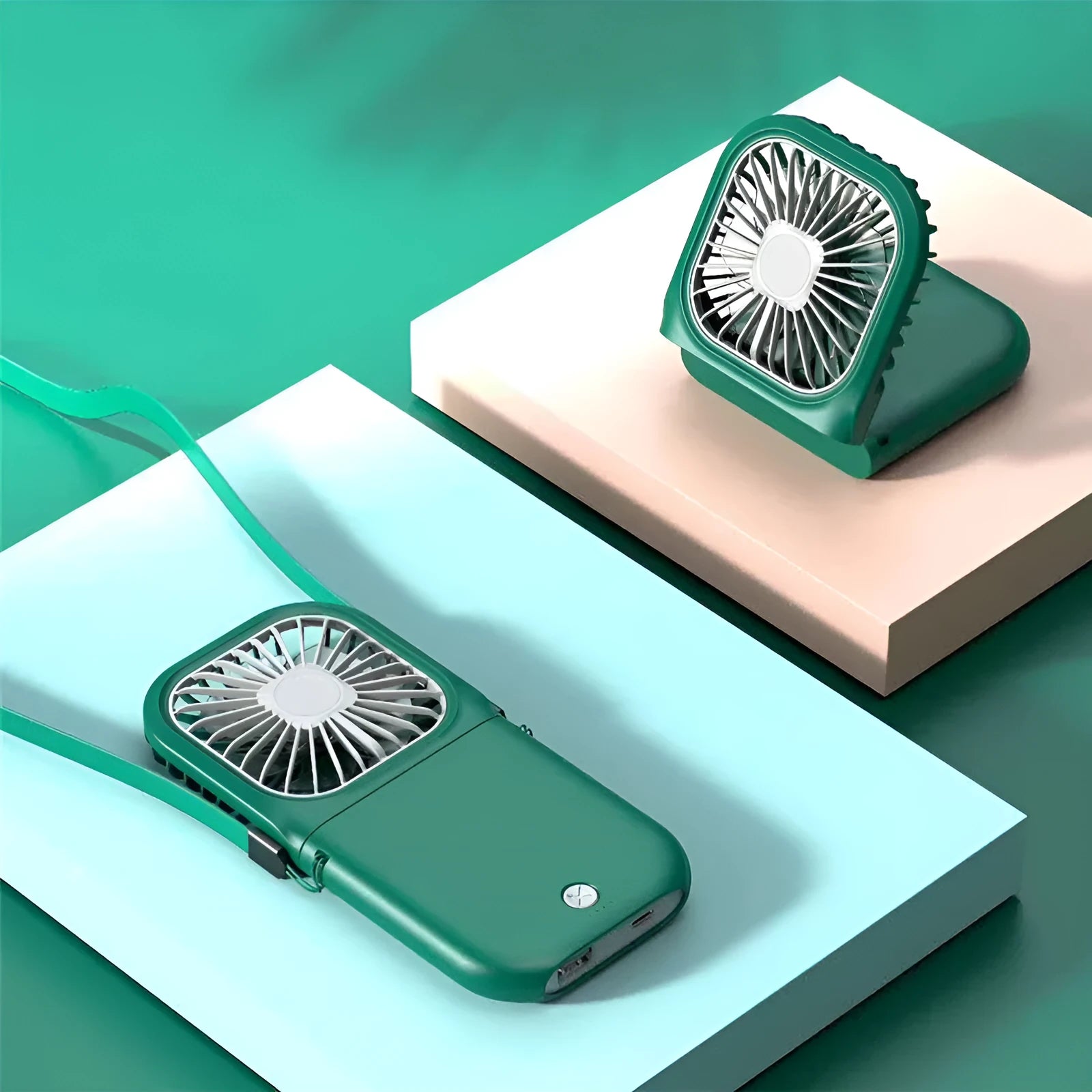 Hands-free wearable neck fan with dual blue cooling blades and USB charging cable.