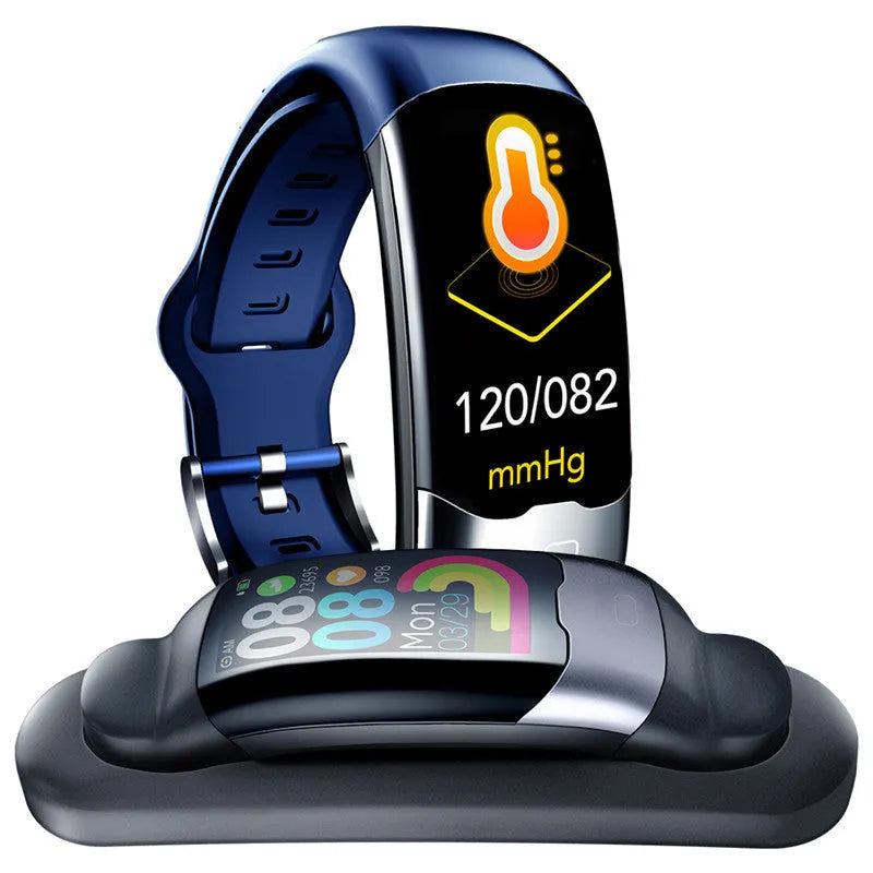 Black smart fitness bracelet with digital display showing heart rate data.