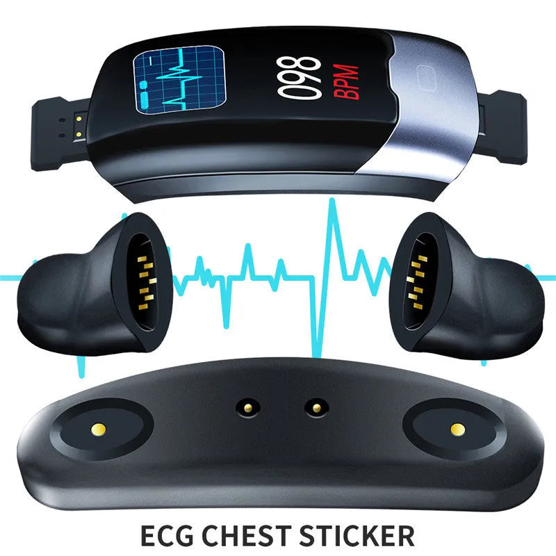 Black smart fitness bracelet with digital display showing heart rate data.