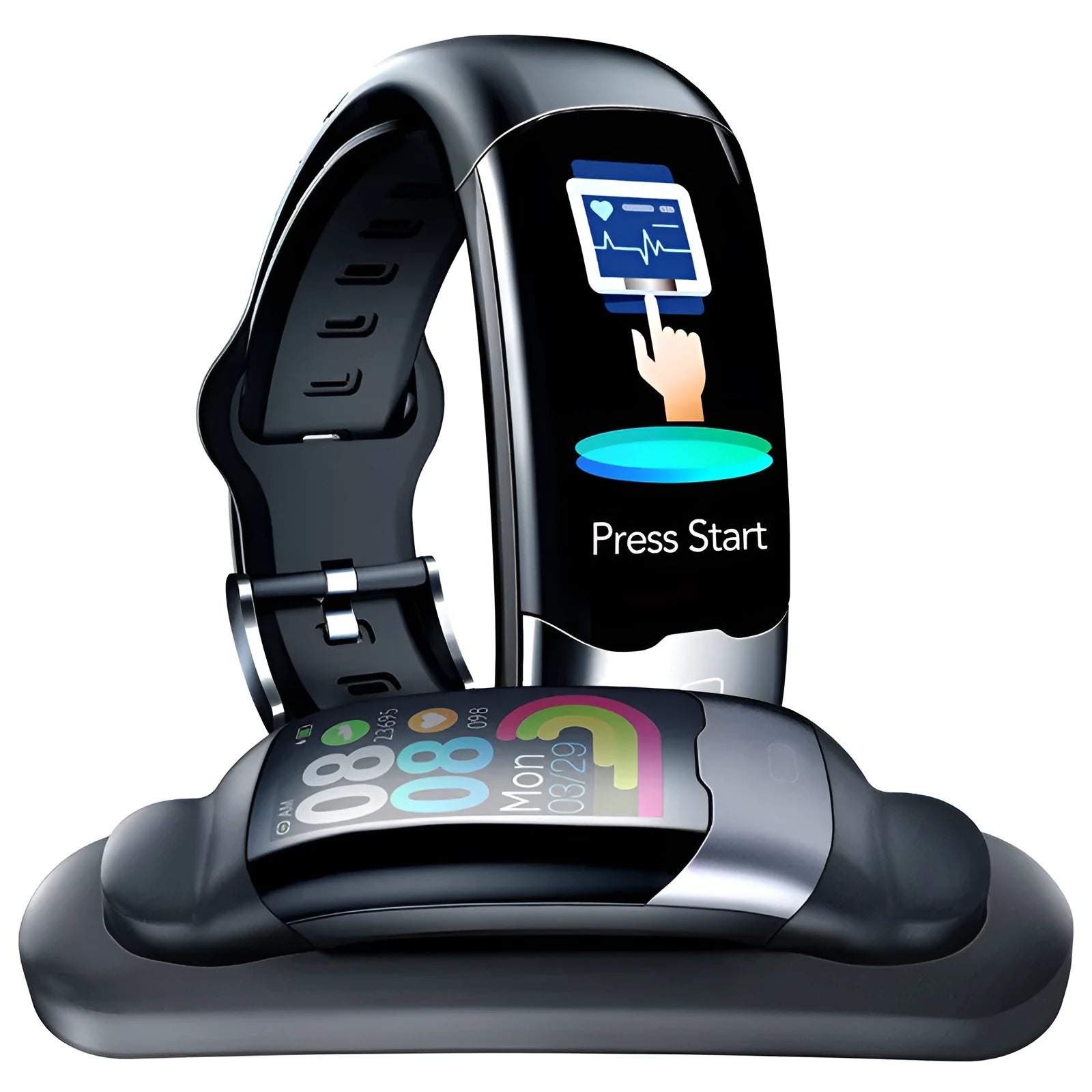 Black smart fitness bracelet with digital display showing heart rate data.