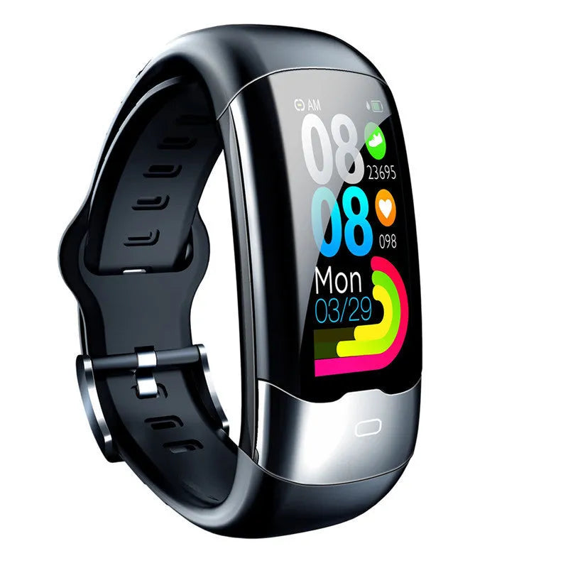 Black smart fitness bracelet with digital display showing heart rate data.