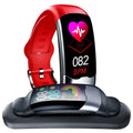 Black smart fitness bracelet with digital display showing heart rate data.