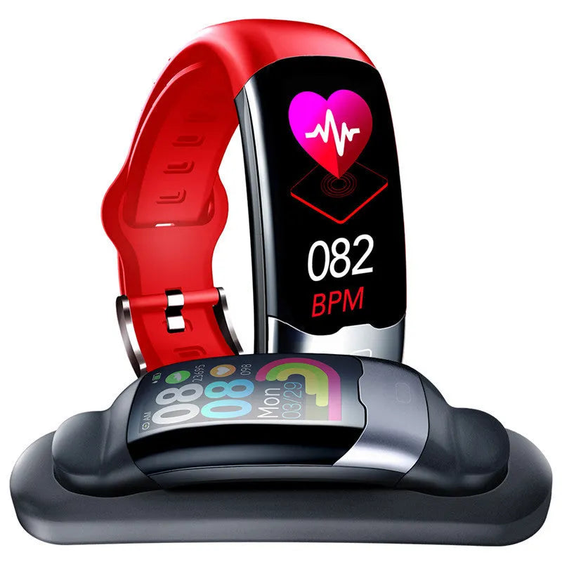 Black smart fitness bracelet with digital display showing heart rate data.