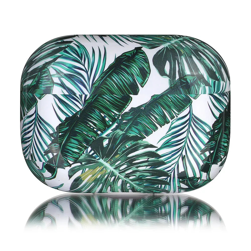 Blue and green banana leaf design TPU protective case for Apple AirPods 1, 2 and Pro.