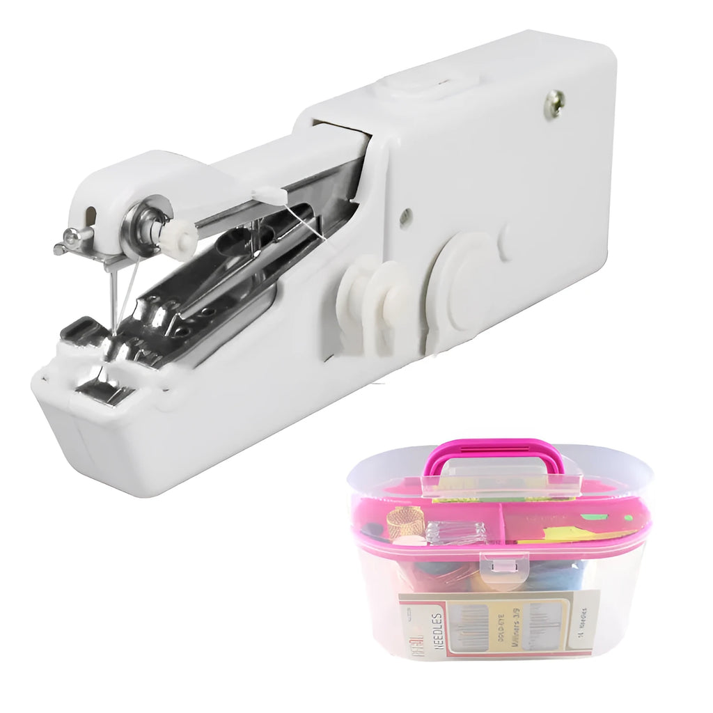 White handheld portable electric sewing machine with EU plug and sewing box