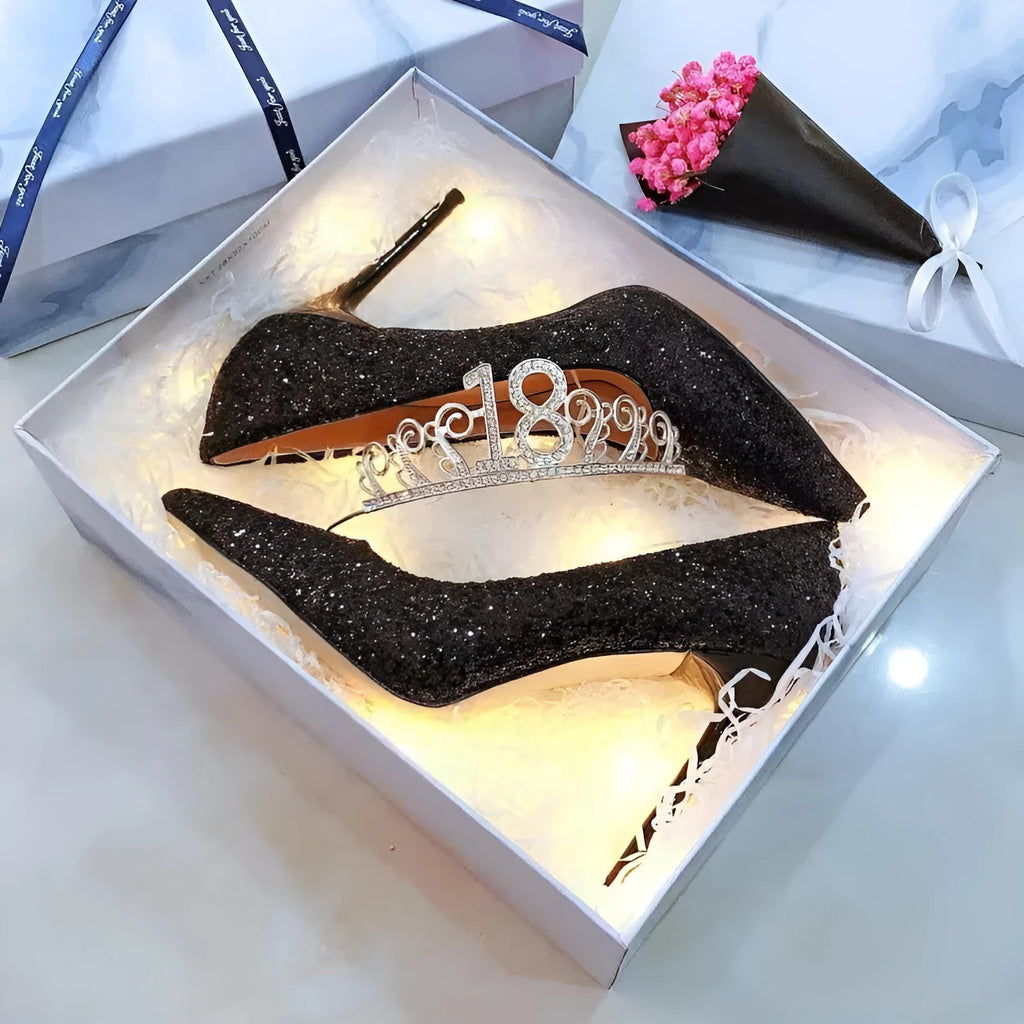 Women's black and silver PU wedding shoes with stiletto heels, available in sizes 34-40.
