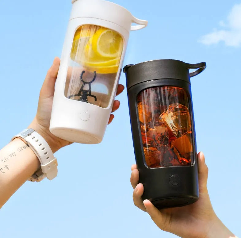 Portable automatic blender cup in black, blue, pink, or white colours showing 650ml capacity
