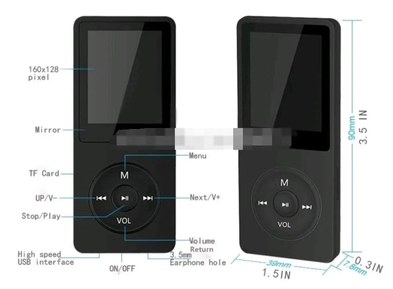 Black 1.8 inch screen MP4 player showing menu on colour display, next to headphones.