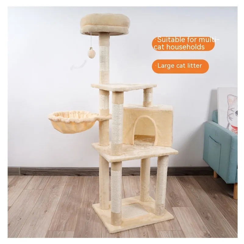 Multi-layer wooden cat climbing frame with chamfered edges, 47x37x133 cm, in beige plush finish