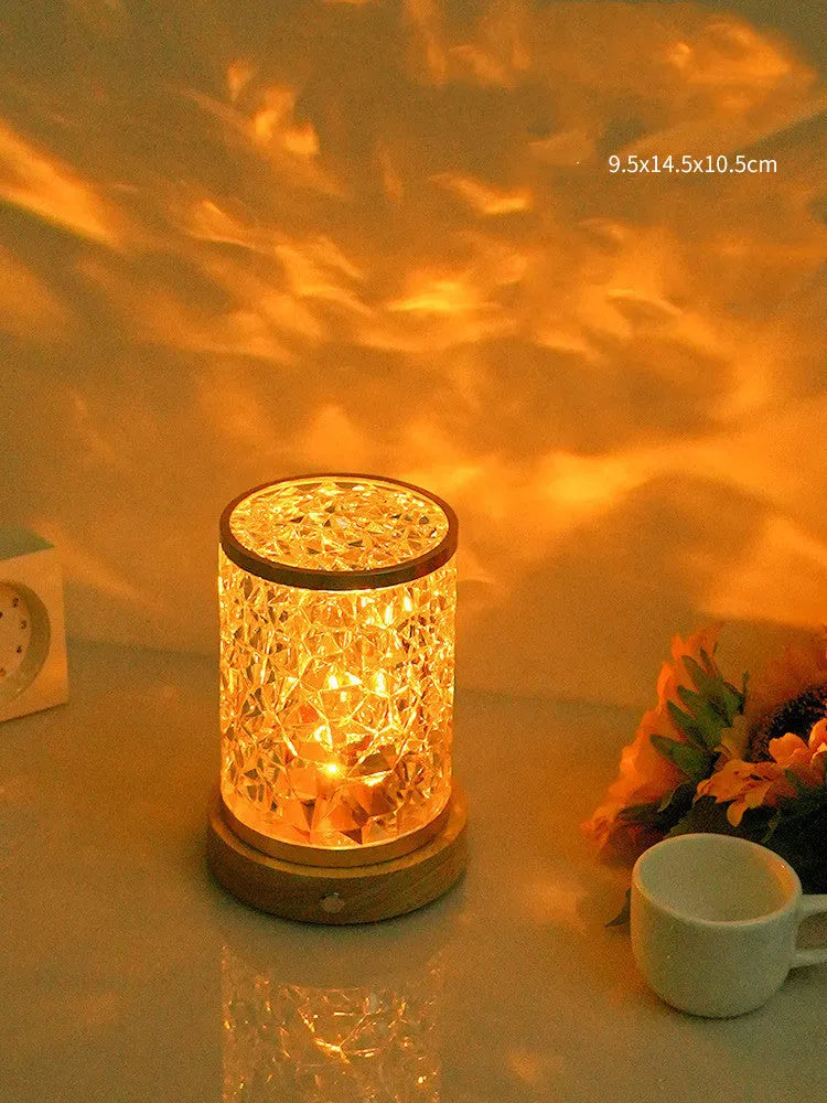 Rotating water ripple small night light with acrylic dome on solid wood base for bedroom use