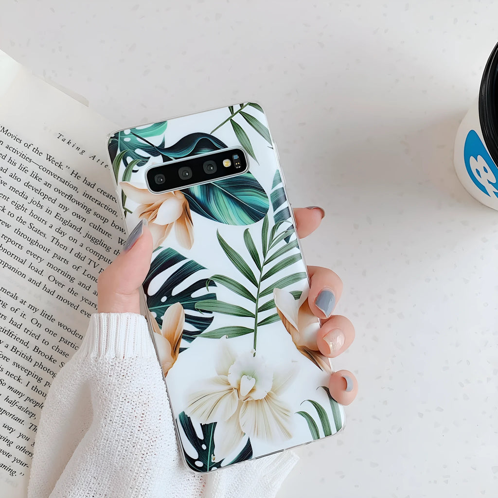 Samsung TPU phone case with green leaf flower pattern for S8 S9 S10 S20 A51 Note10 series