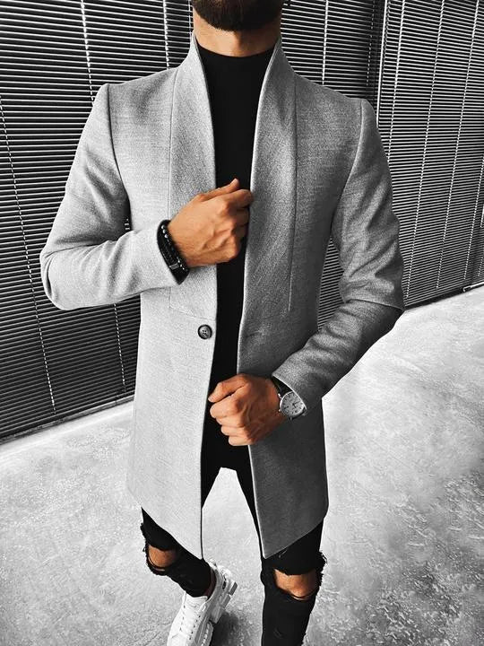 Grey men's stand-up collar mid-length woolen coat on model