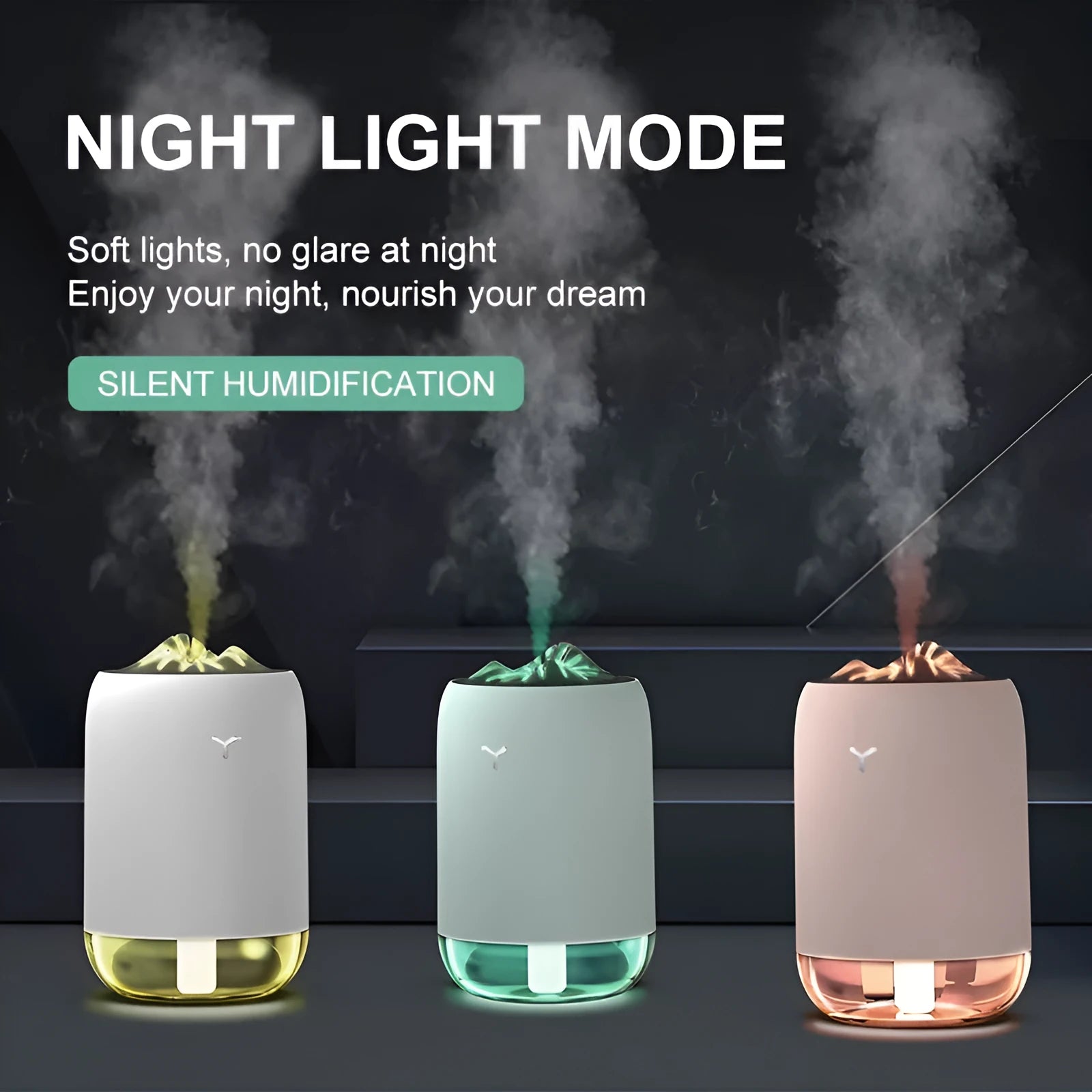 Mini cylindrical USB humidifier in green, pink, or white with 260ml water tank