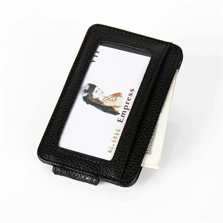 Men's PU leather wallet with magnetic snap closure in black, short square vertical shape with sewing line details