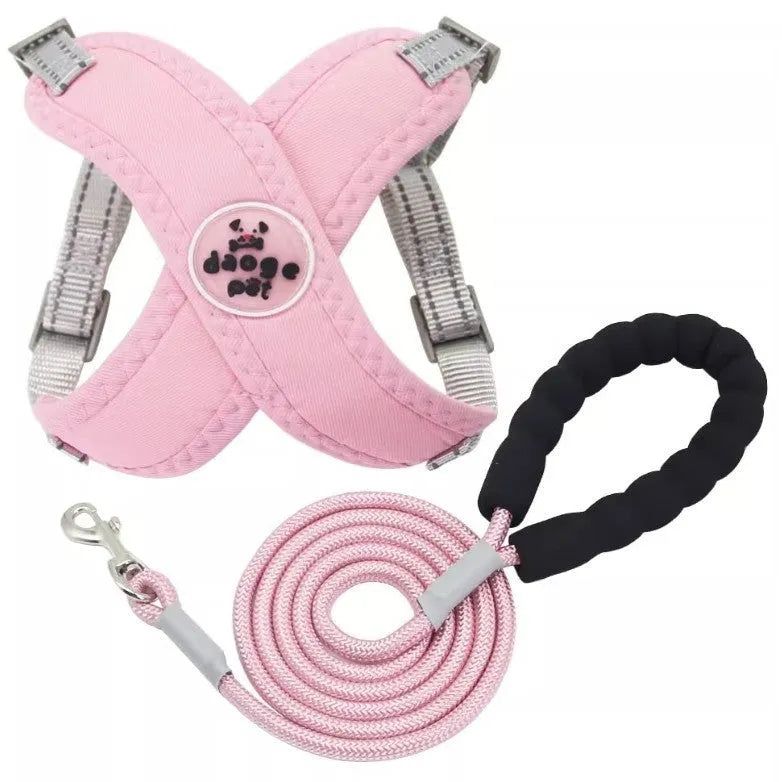 Blue adjustable dog walking vest with handle and matching rope leash set on a white background.