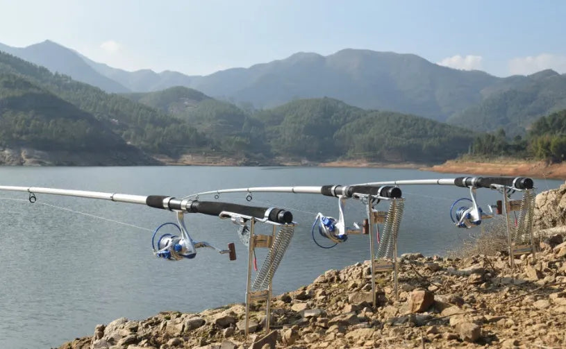 Master Fish Detector automatic rod holder with high-strength hard steel frame and bearing trigger mechanism on fishing bank