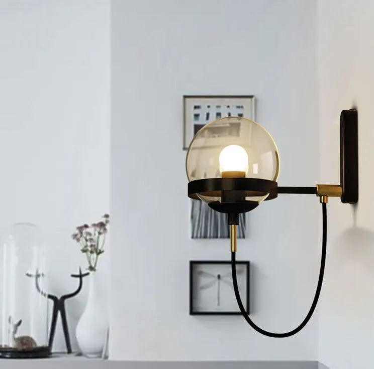 Modern retro LED wall lamp with glass shade in black colour, push button switch, Nordic postmodern style