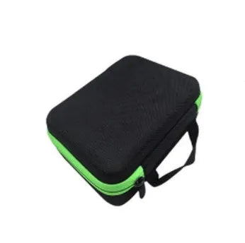 Red EVA cube-shaped bag with 30 compartments for 15ml essential oil bottles, shown with zipper open.