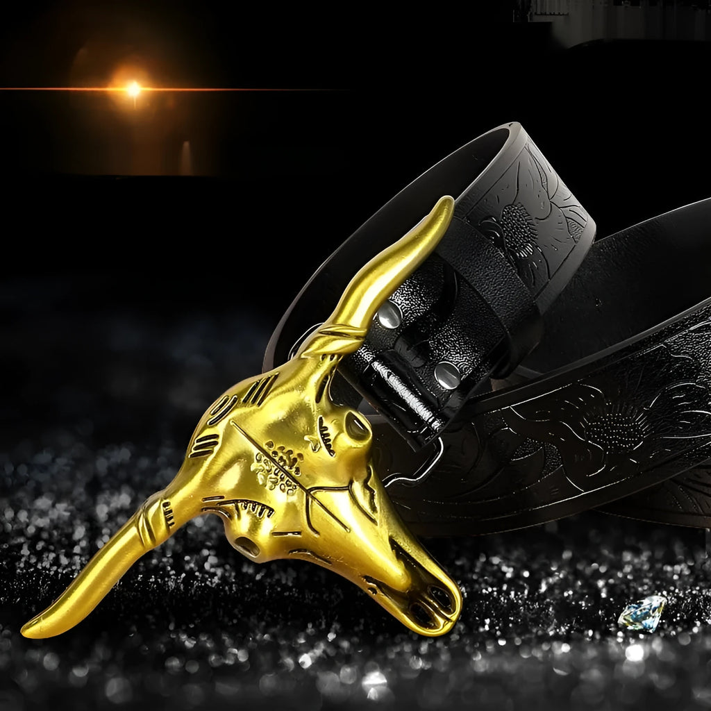 Men's belt with detailed cow head alloy buckle on imitation leather strap with pin buckle fastening