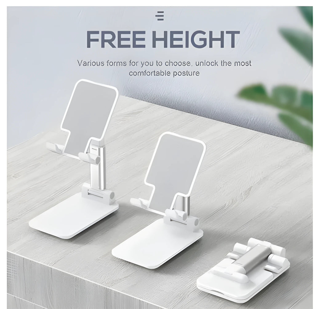 Black silicone and ABS plastic desk mobile phone holder on a wooden table.
