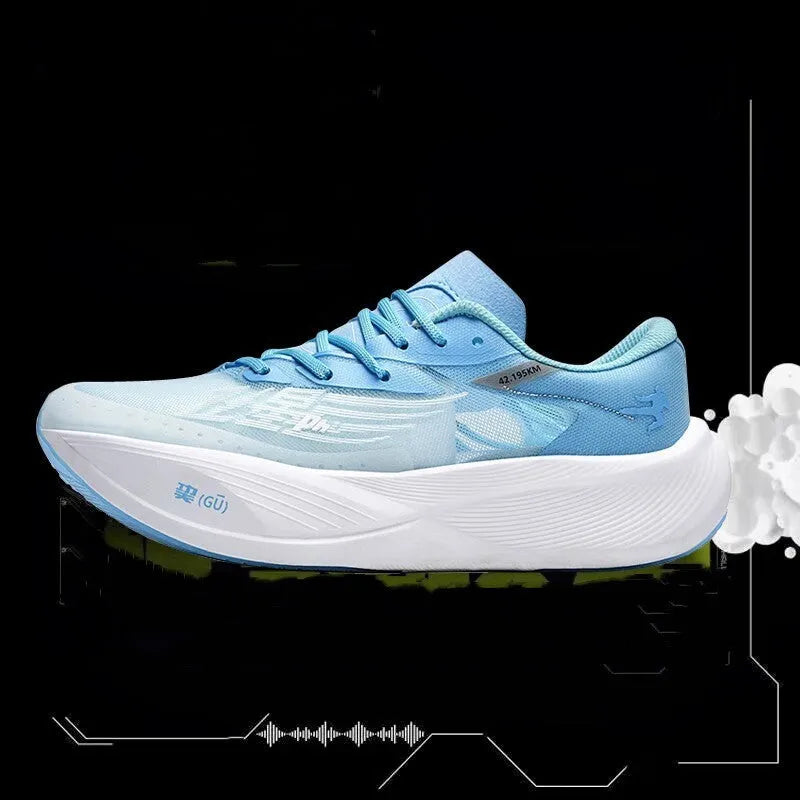 Low-top racing sneakers with carbon plate, PU mesh upper, and natural rubber sole in various colours.