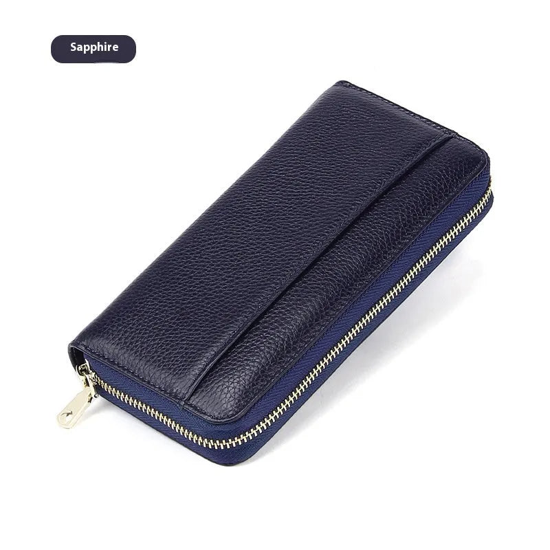 Long genuine leather women's wallet in a choice of six colours, showing large capacity and anti-theft card feature.