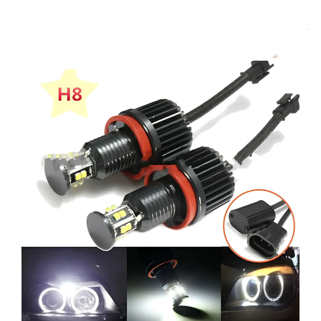 BMW LED angel eyes headlight kit showing 6-sided 12 lamp bead construction