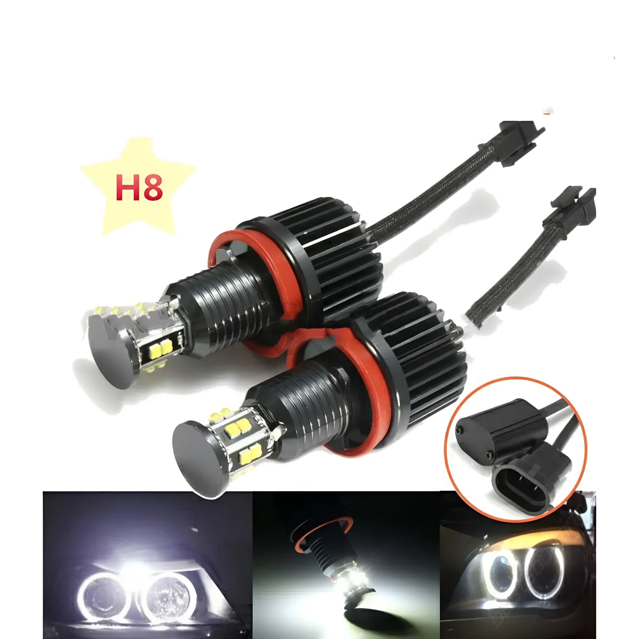 BMW LED angel eyes headlight kit showing 6-sided 12 lamp bead construction