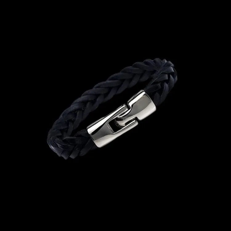 Hand-woven leather and alloy bracelet in vintage style, 21cm length, black colour