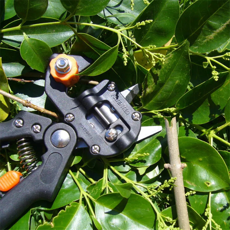 Black handheld grafting scissors with high carbon steel blade and ABS handle on a wooden surface