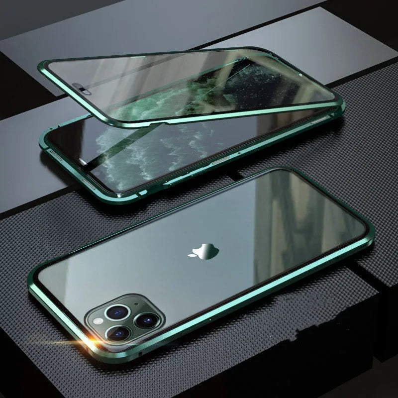 Glass anti-spy clamshell phone case for iPhone in six colour options: black, silver, red, gold, green, blue.